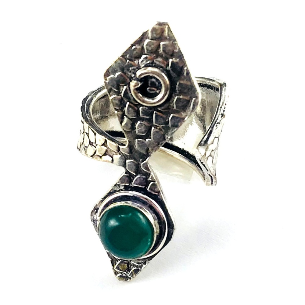 Boho Silver Ring Green Onyx Adjustable